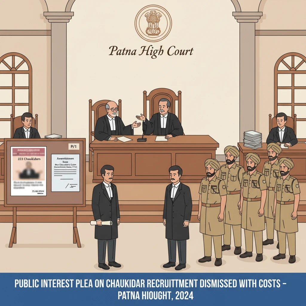 Courtroom illustration showing judges hearing a challenge to Bihar chaukidar recruitment.