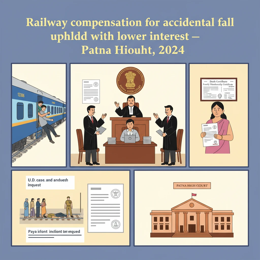 Courtroom illustration showing a railway accident compensation case before Patna High Court.