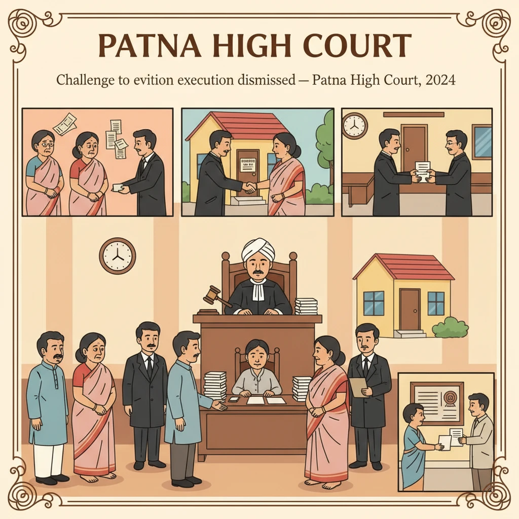 Courtroom scene at Patna High Court illustrating execution of an eviction decree.