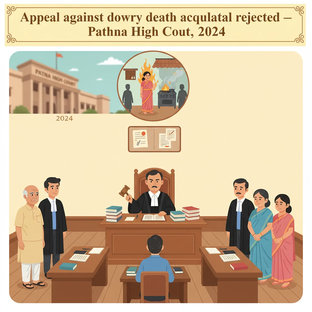 A courtroom illustration representing the Patna High Court deciding a dowry death appeal.