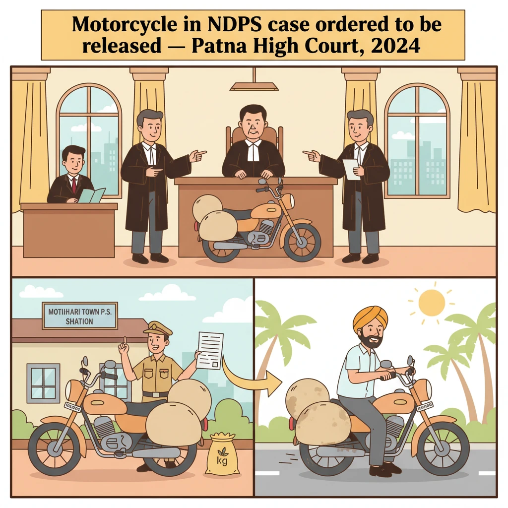Illustration of a Patna courtroom addressing release of a seized motorcycle in an NDPS case.