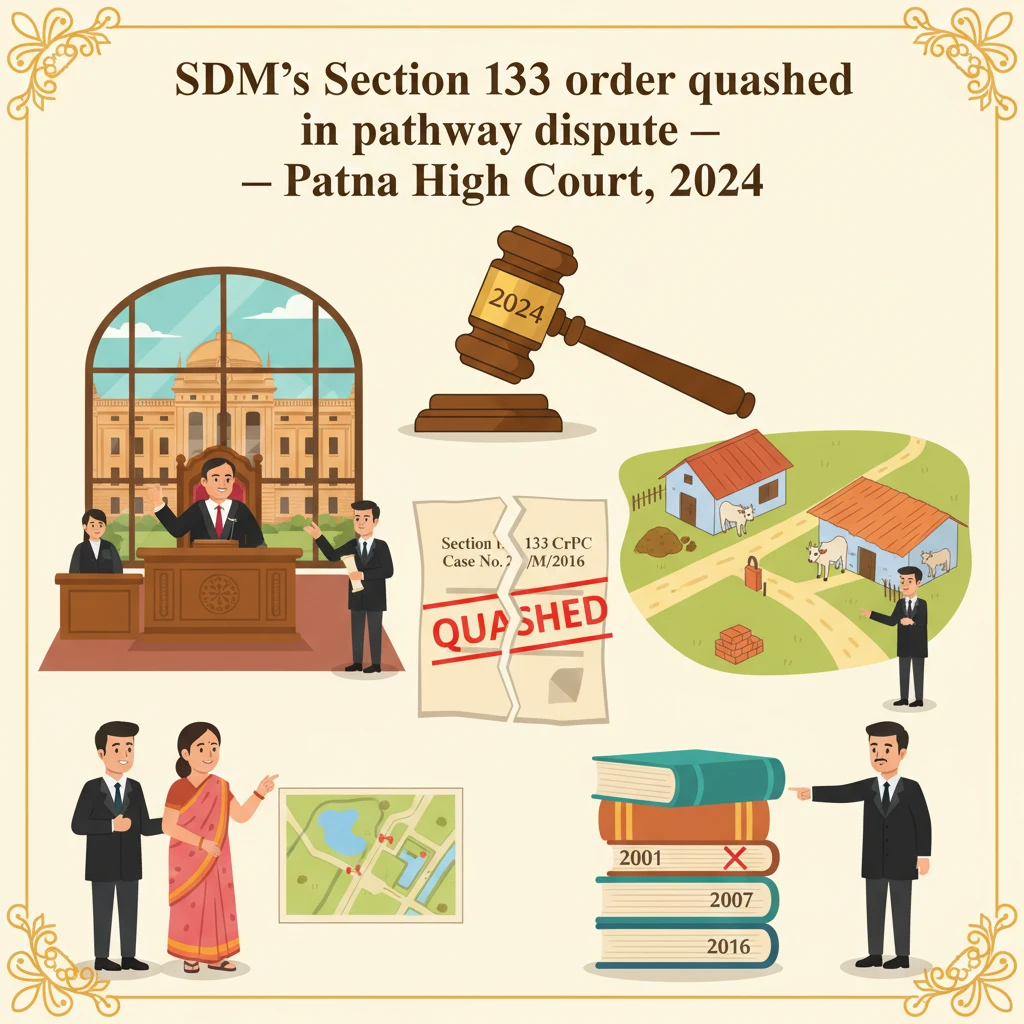 Courtroom setting depicting challenge to a Section 133 CrPC order before Patna High Court.