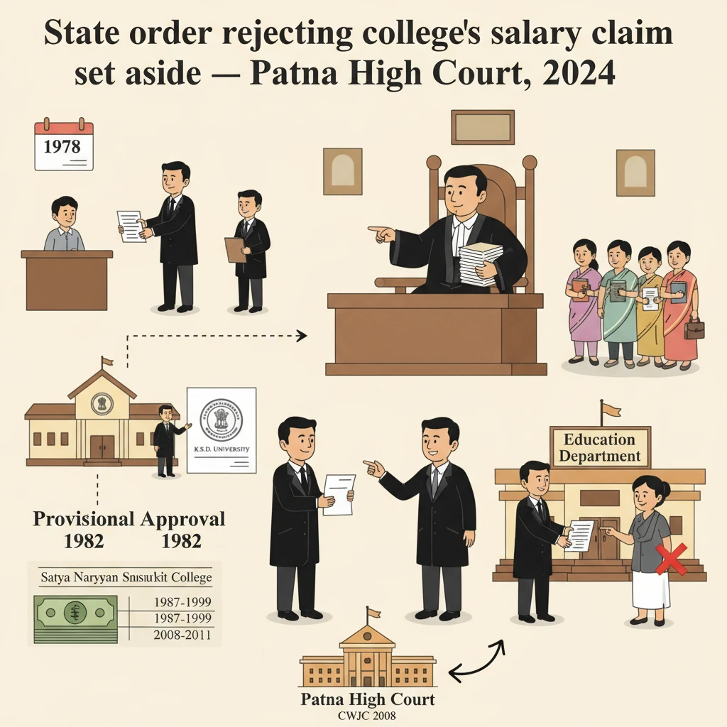 Courtroom illustration showing a judge deciding on regularisation of a long-serving college clerk.