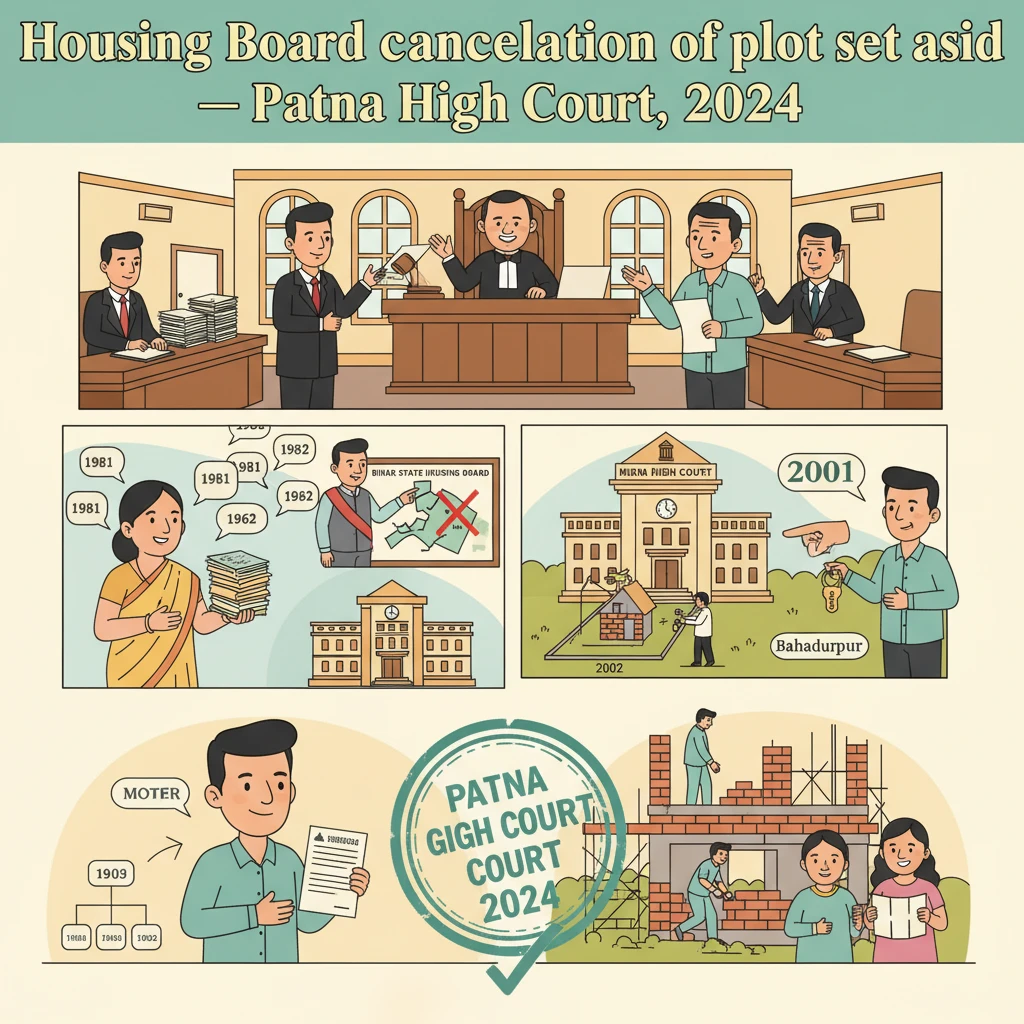 Illustration of Patna High Court reviewing a Bihar Housing Board plot cancellation.