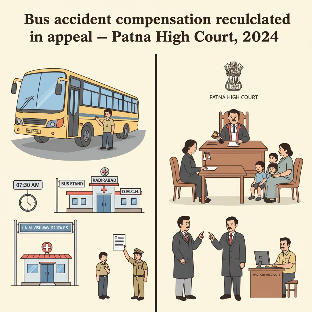 Illustration of Patna High Court reviewing a bus accident compensation case.