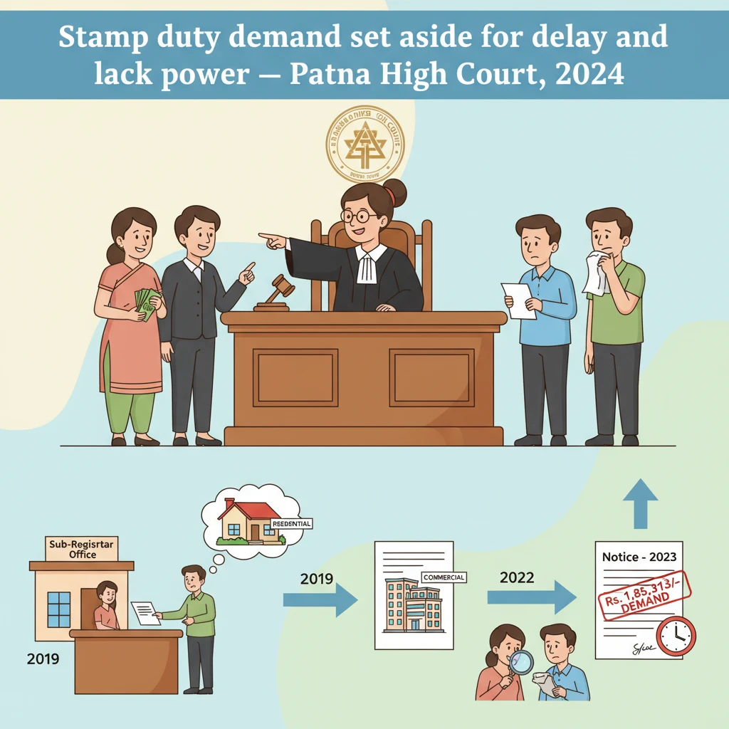 Courtroom illustration showing stamp duty dispute over registered land sale.