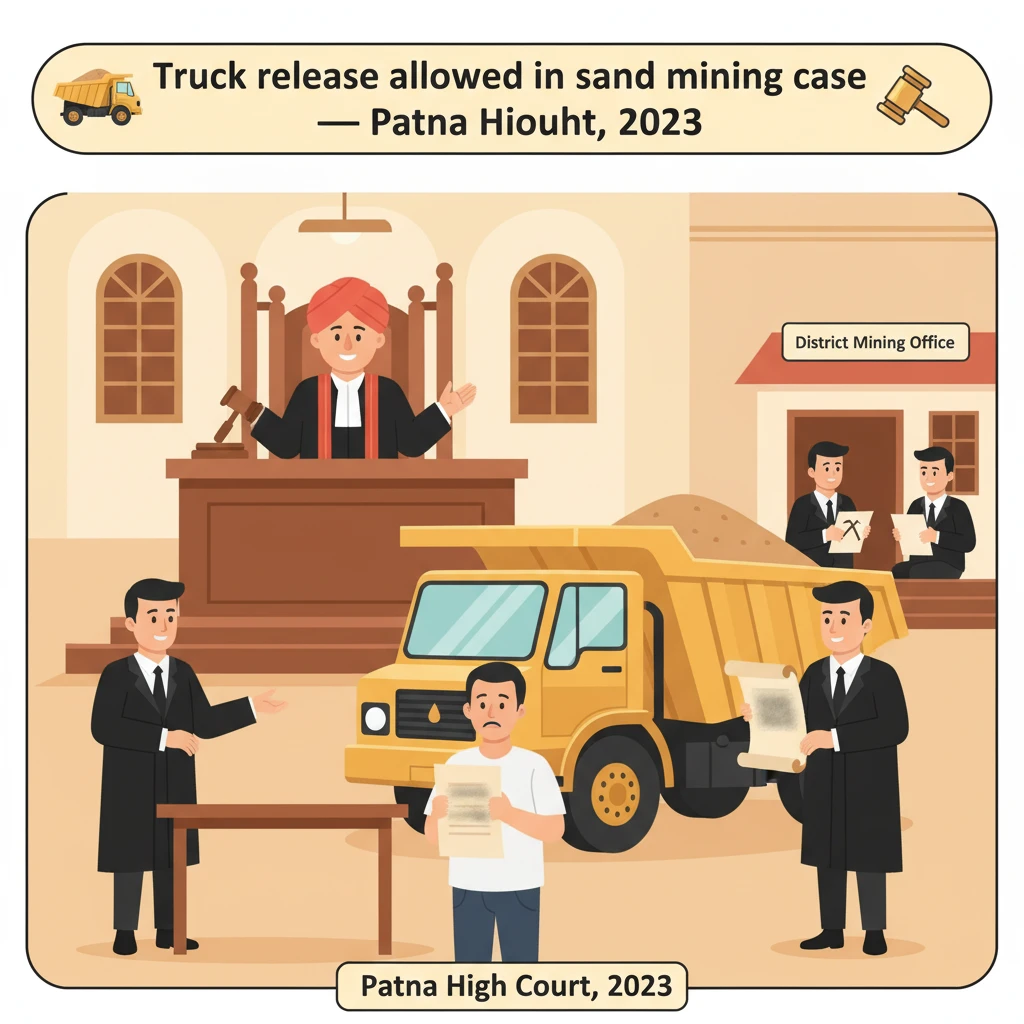 Illustration of Patna High Court hearing on release of a seized sand-laden truck.