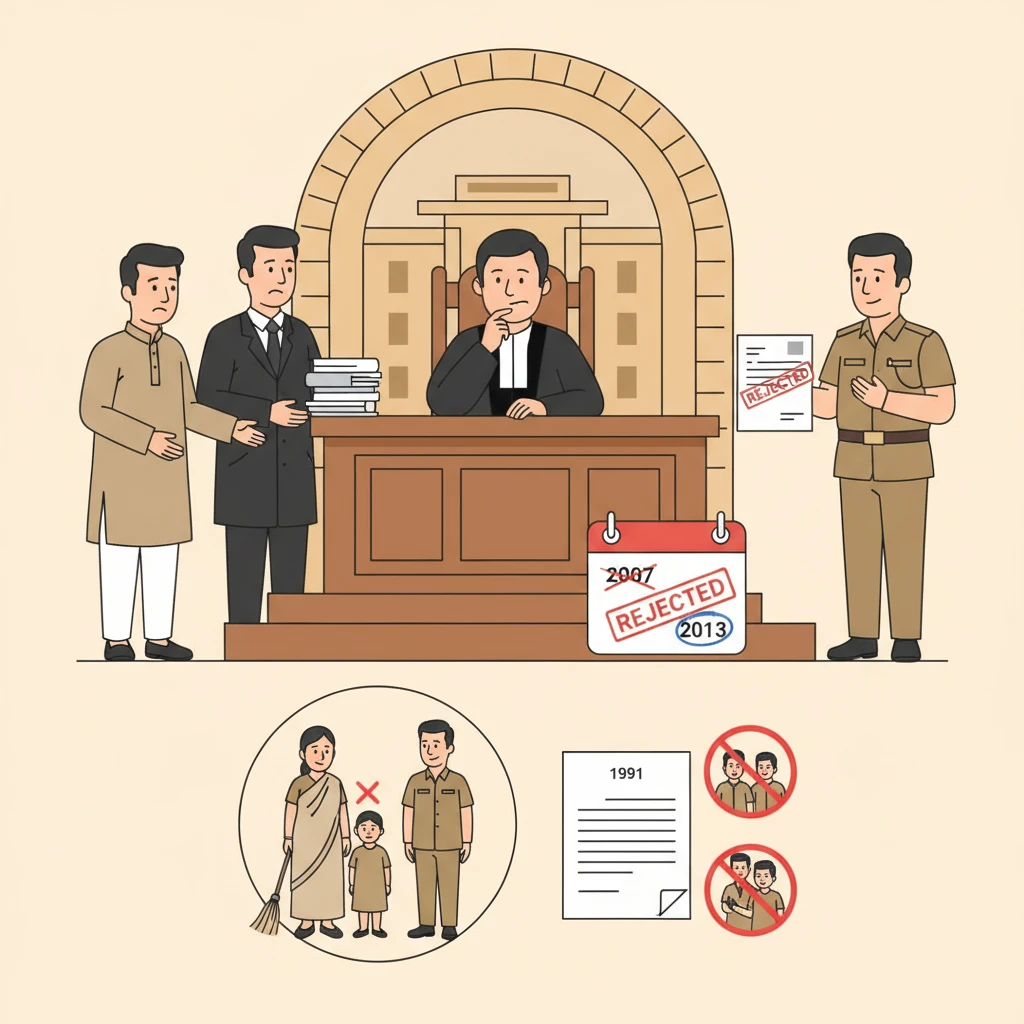 Courtroom illustration showing a judge hearing a compassionate appointment dispute at Patna High Court.