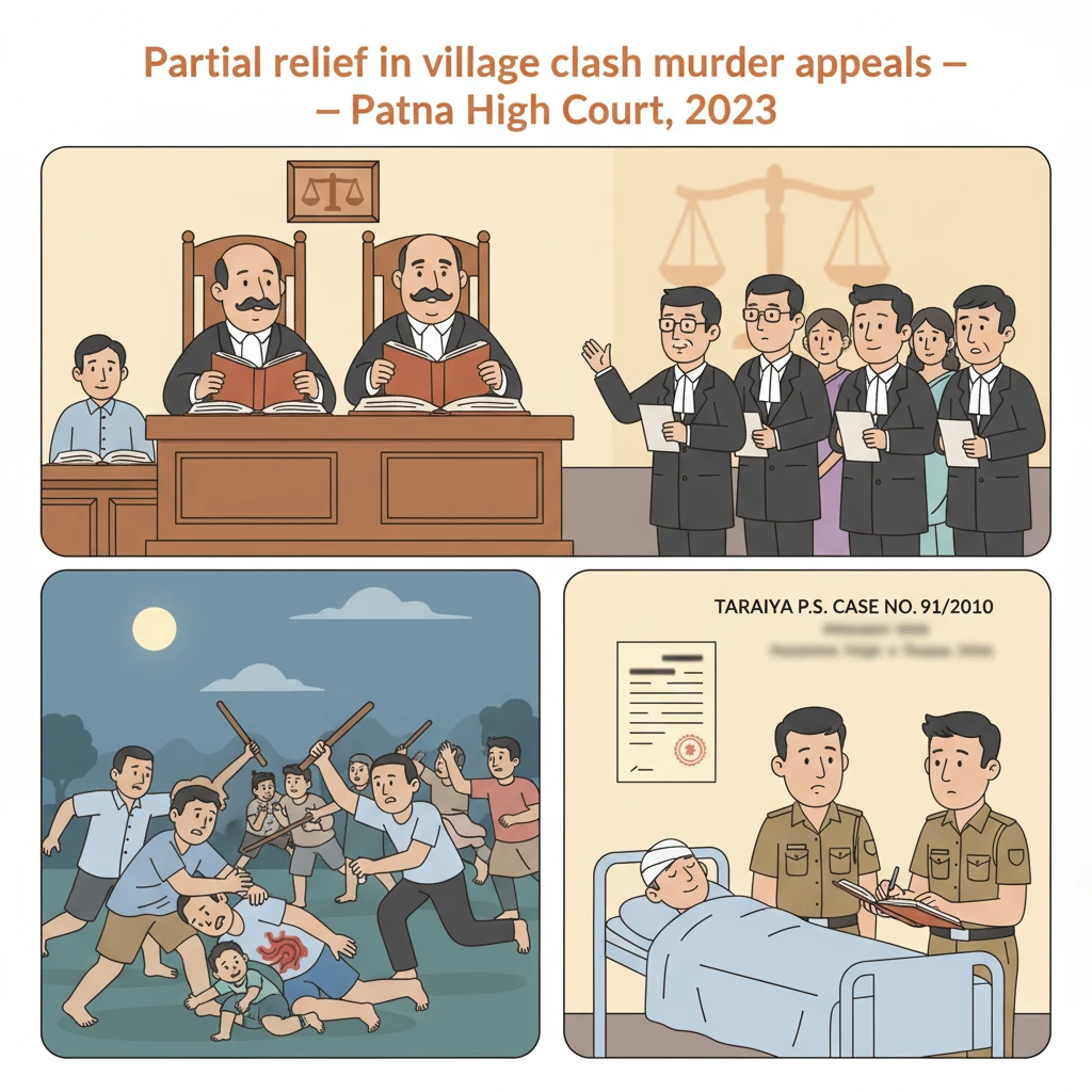 Courtroom illustration showing judges reviewing a village clash murder appeal at Patna High Court.