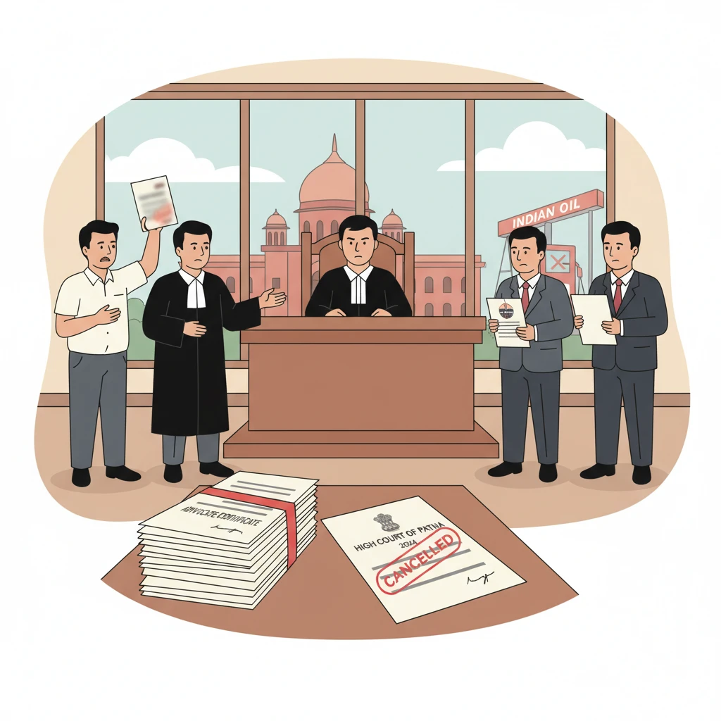 Courtroom scene highlighting a dispute over petrol pump dealership selection by a public corporation.