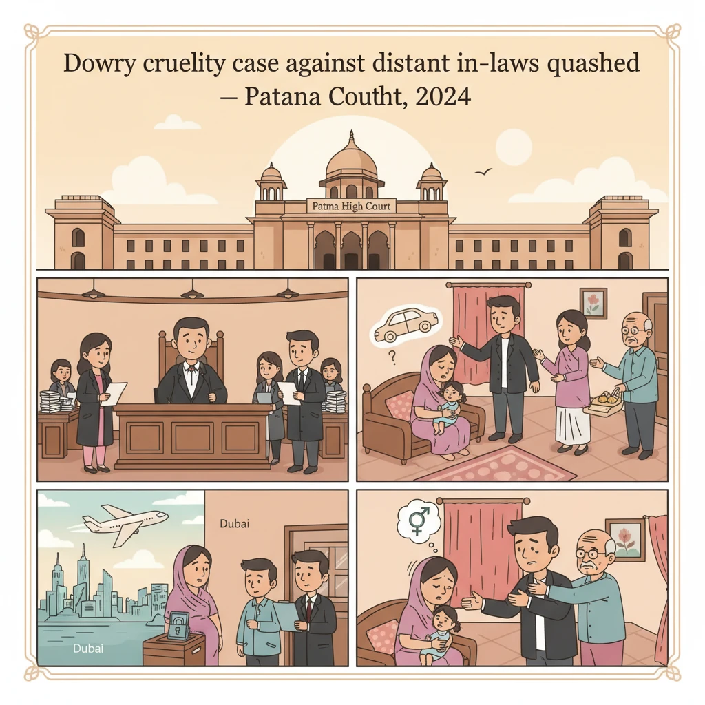 Courtroom scene at Patna High Court illustrating quashing of dowry case against distant in-laws
