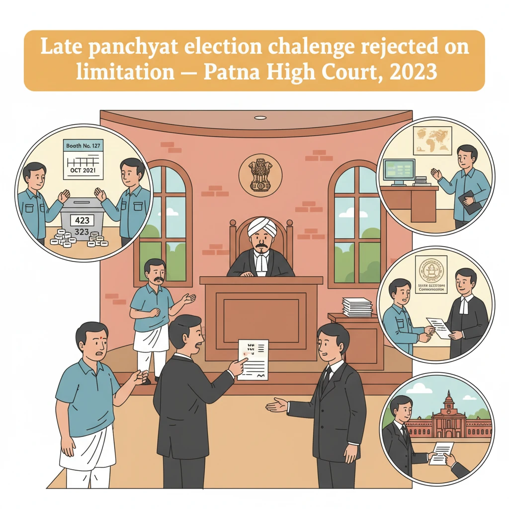 Courtroom illustration showing a panchayat election dispute before the Patna High Court.