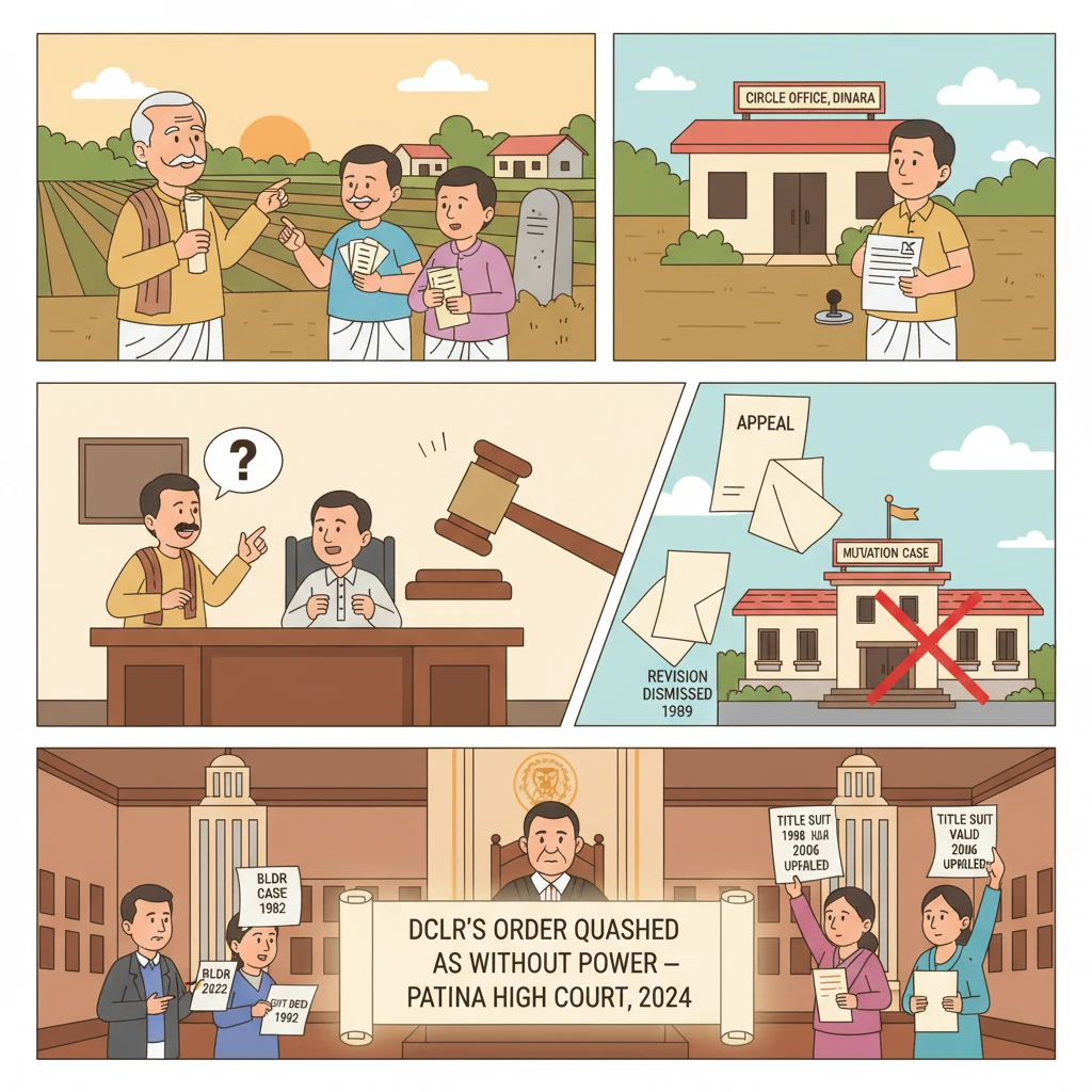 Illustration of Patna High Court reviewing a DCLR order in a Bihar land dispute.