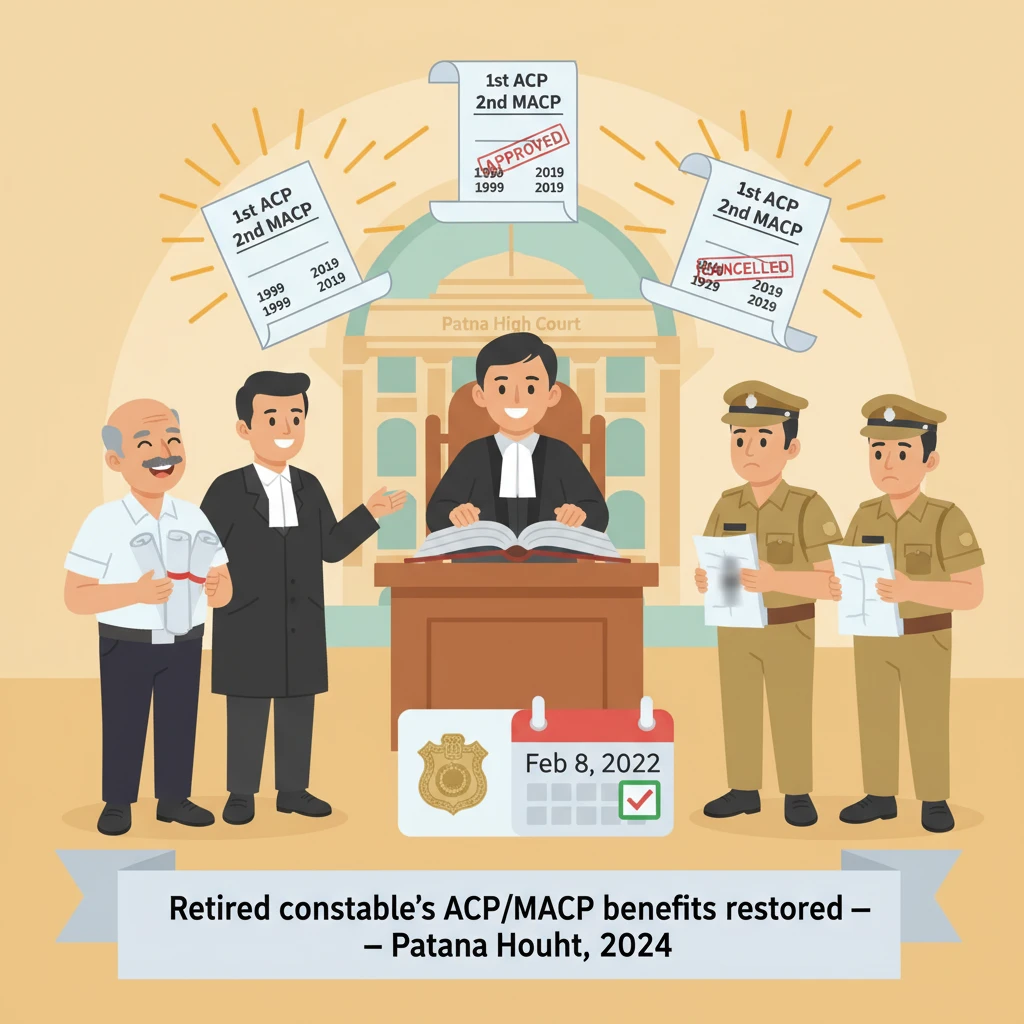 Illustration of Patna High Court reviewing cancellation of ACP and MACP benefits of a retired police constable.