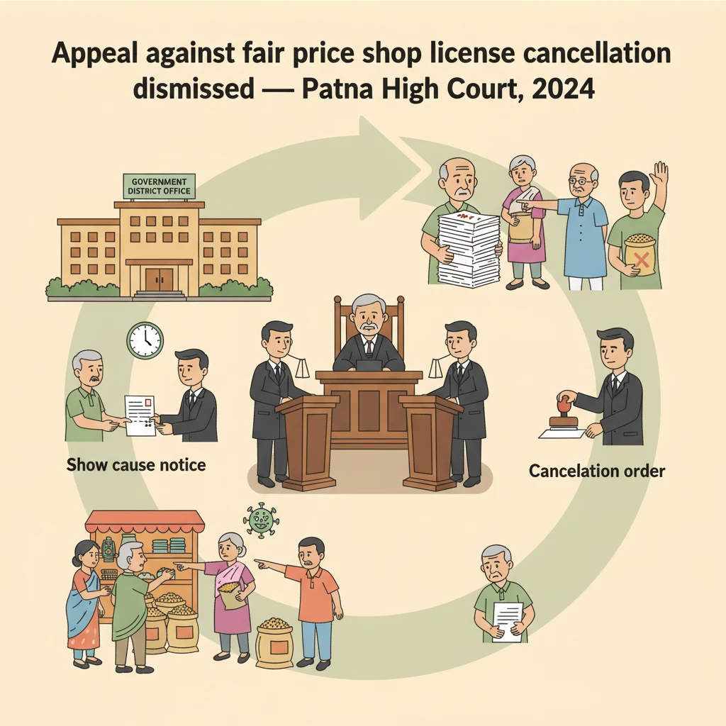 Illustration of Patna High Court reviewing cancellation of a fair price shop licence.