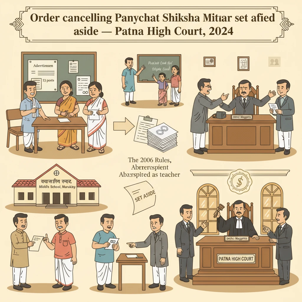 Illustration of a court hearing over a village Panchayat teacher appointment in Bihar.