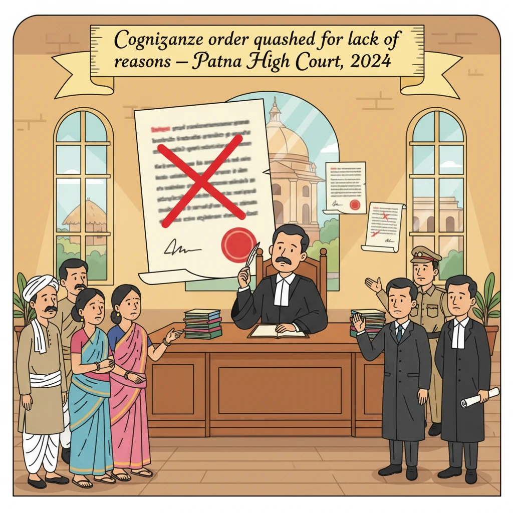 A courtroom scene illustrating Patna High Court scrutiny of a cognizance order in a criminal case.