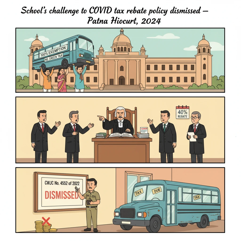 Illustration of Patna High Court examining school bus tax and Green Tax during COVID-19.