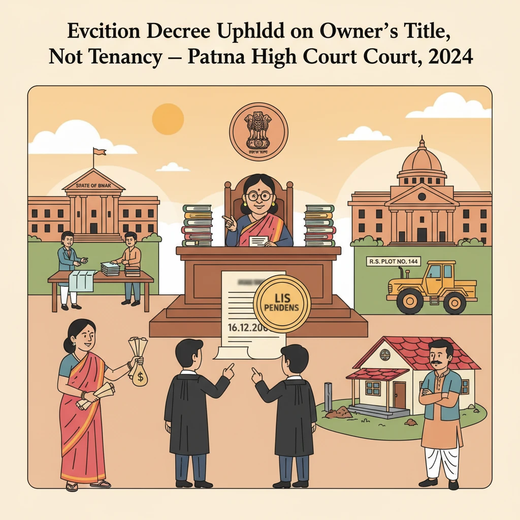 Illustration of the Patna High Court building symbolising a land title and eviction dispute.
