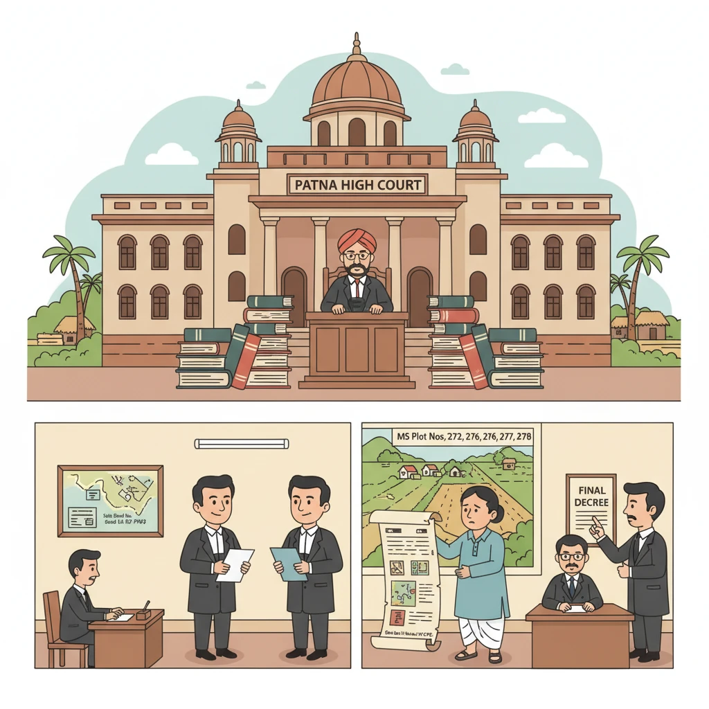 Courtroom illustration showing a Patna High Court judge examining an execution stay in a land dispute.