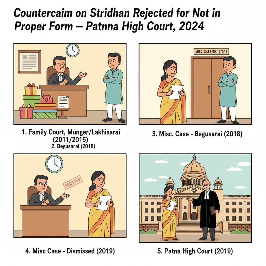 A courtroom scene representing a Patna High Court ruling on counterclaims over stridhan.