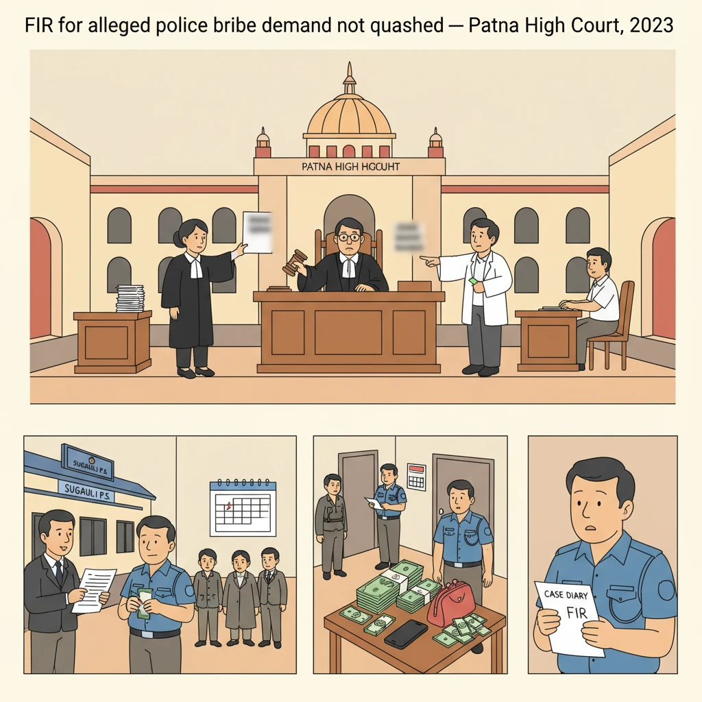 Illustration of Patna High Court hearing a corruption case against a police officer.