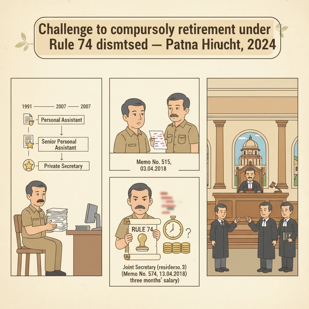 A courtroom scene at the Patna High Court illustrating a compulsory retirement dispute.