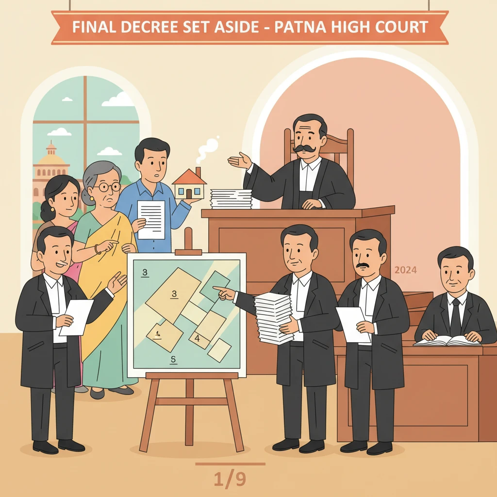 Courtroom and legal documents depicting Patna High Court review of a partition final decree.