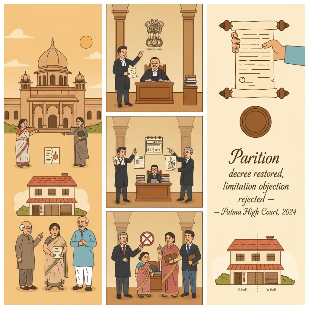Illustration of Patna High Court hearing a family partition dispute over a house and shops.