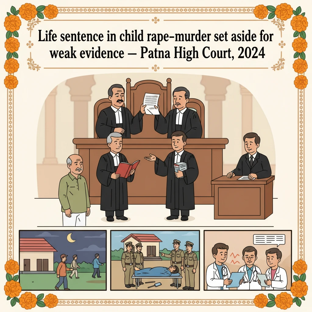 Courtroom illustration showing judges reviewing circumstantial evidence in a Patna High Court criminal appeal.