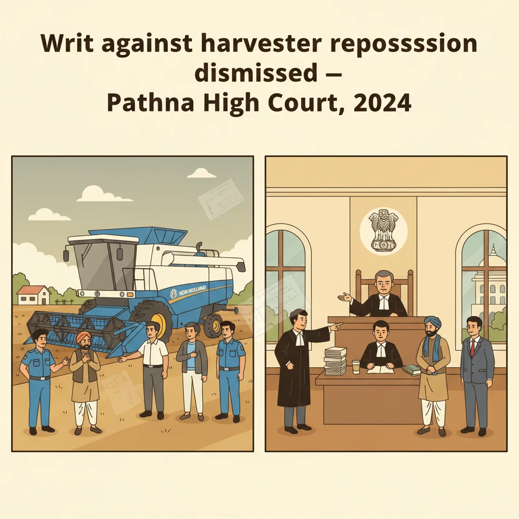 Courtroom scene depicting dispute over financed agricultural harvester repossession.