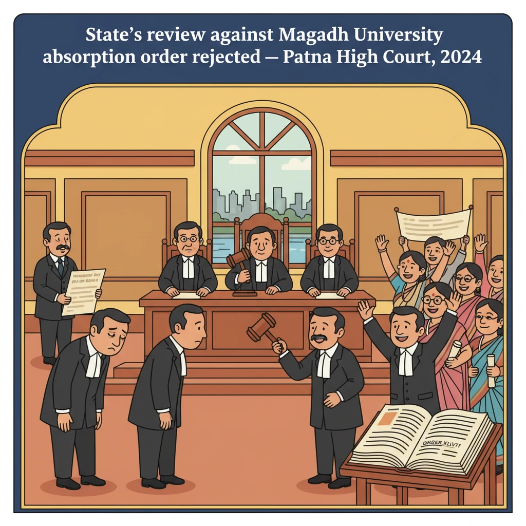 Illustration of Patna High Court reviewing a State challenge in a university employment case.