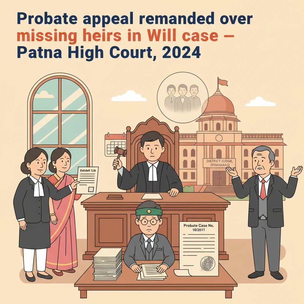 Courtroom scene showing a probate dispute over a Will being reconsidered by a judge.