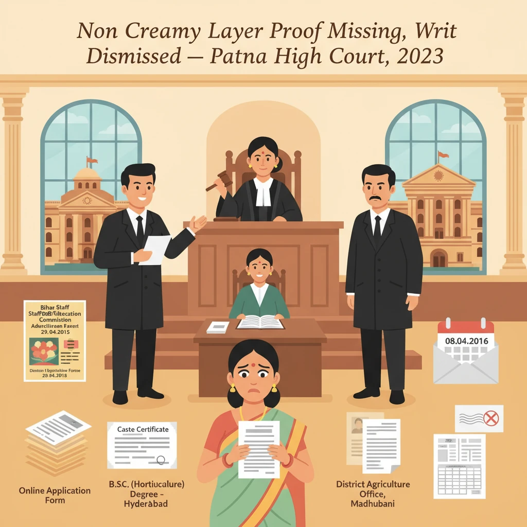 Courtroom illustration showing hearing on BSSC Agriculture Coordinator recruitment and non-creamy layer certificate dispute.