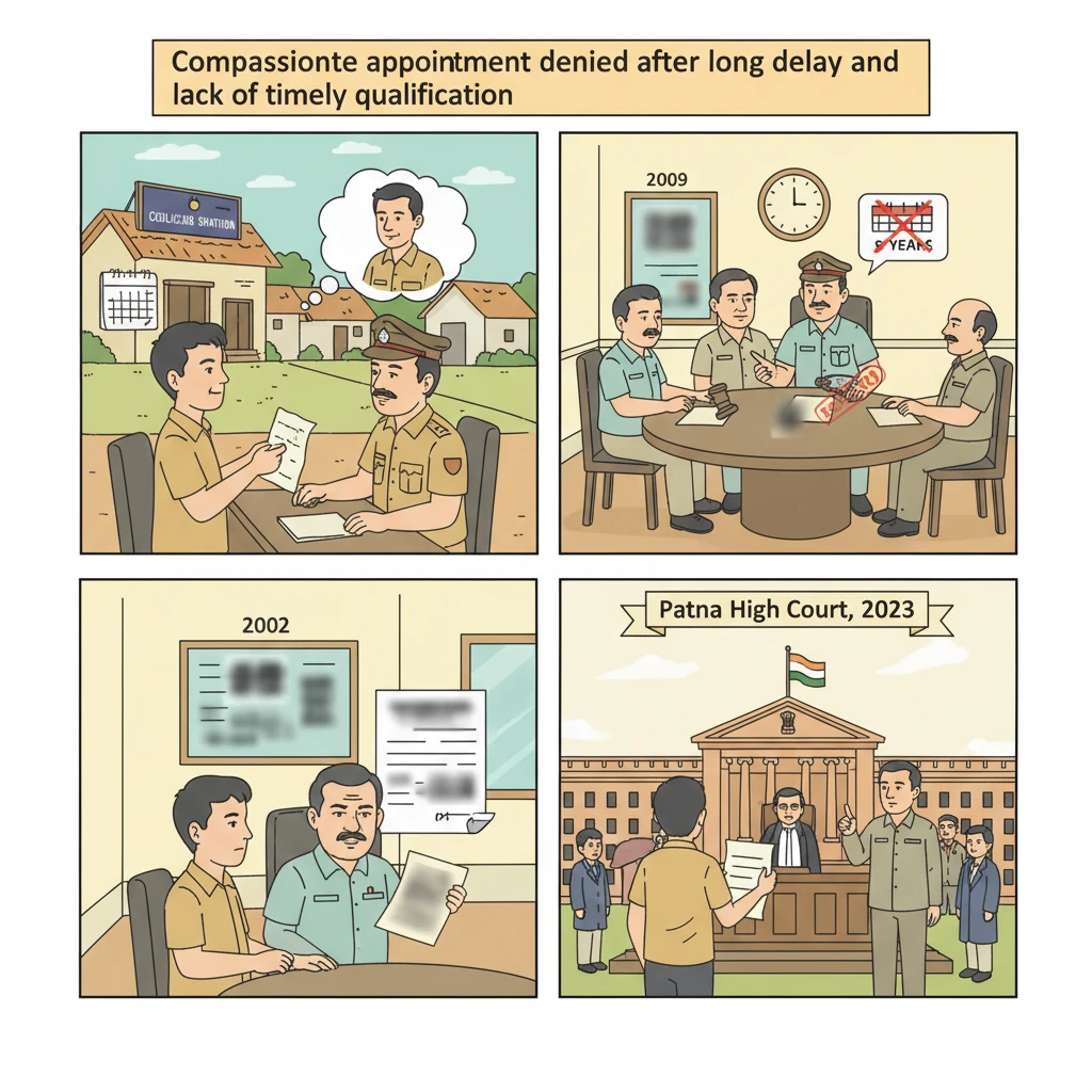 A courtroom scene representing the Patna High Court deciding a compassionate appointment case.