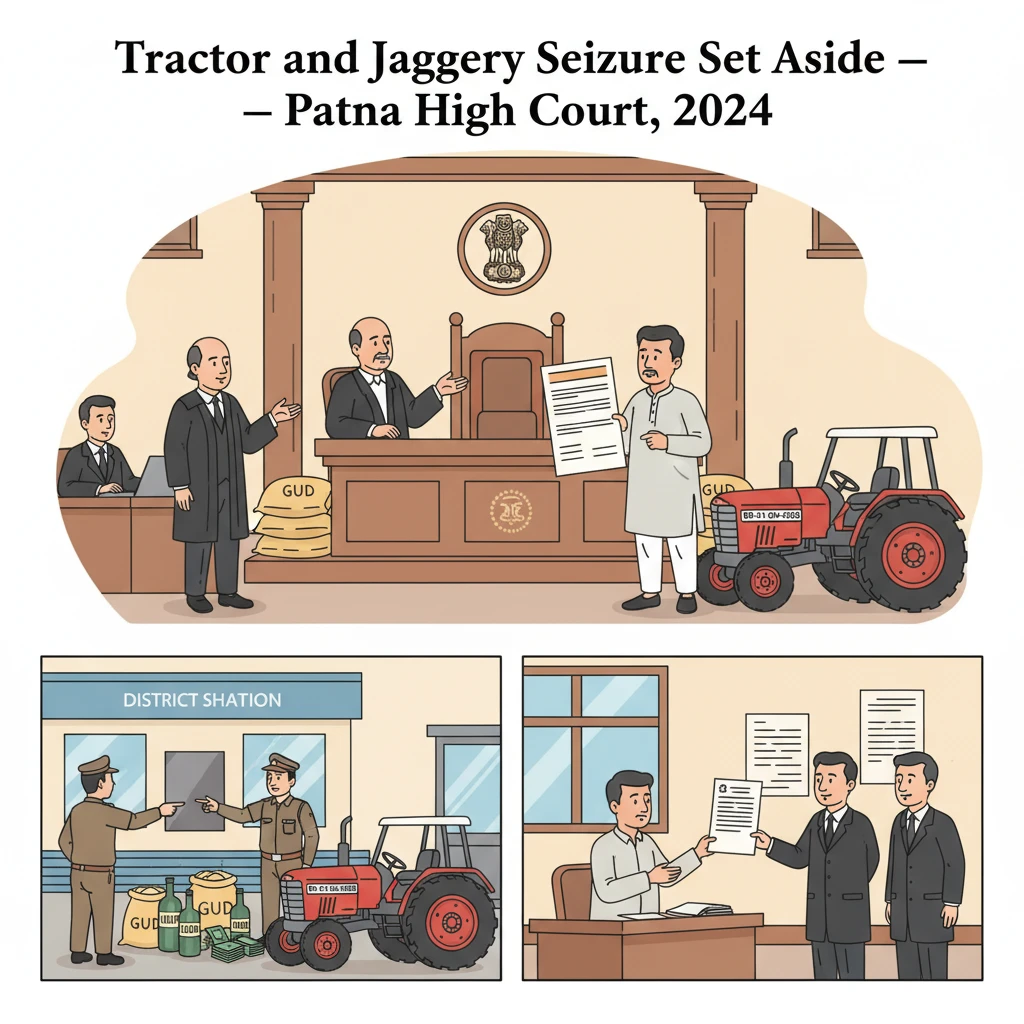 Illustration of Patna High Court reviewing seizure of a tractor and goods under prohibition law.