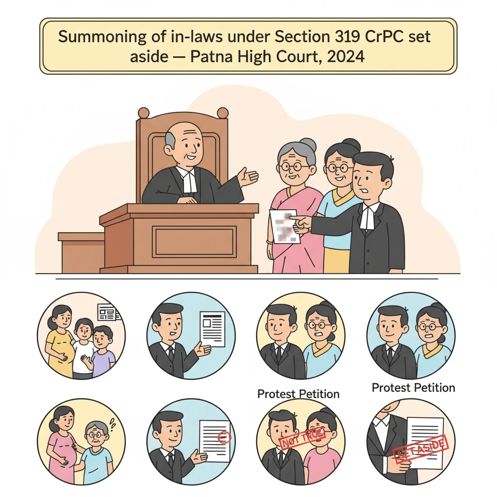 Courtroom illustration showing Patna High Court considering a challenge to summoning in-laws as additional accused.