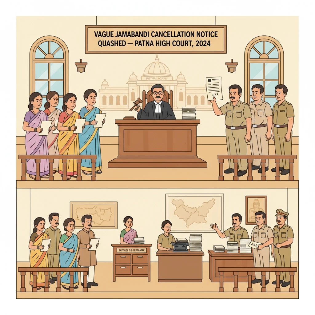 Illustration of Patna High Court reviewing a jamabandi cancellation notice from land authorities.