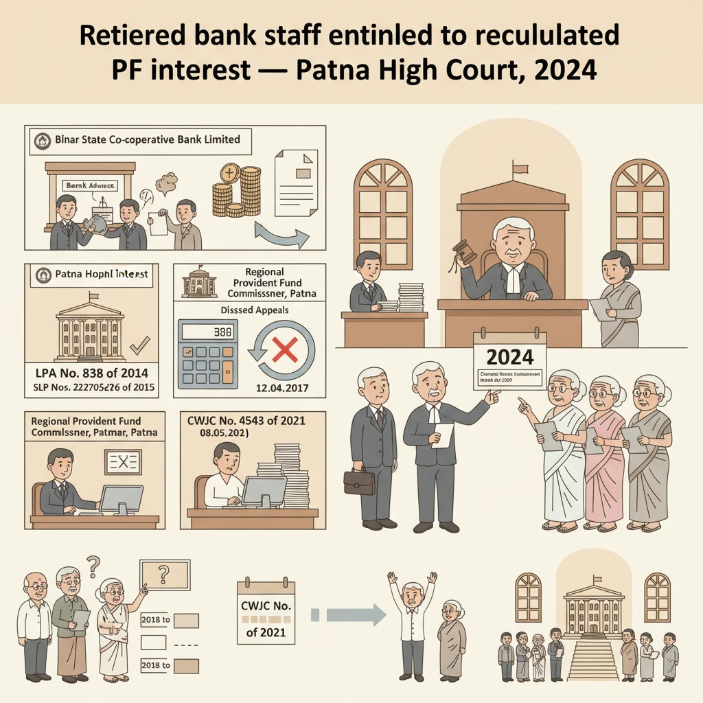 Illustration of Patna High Court directing recalculation of provident fund interest for retired bank employees.