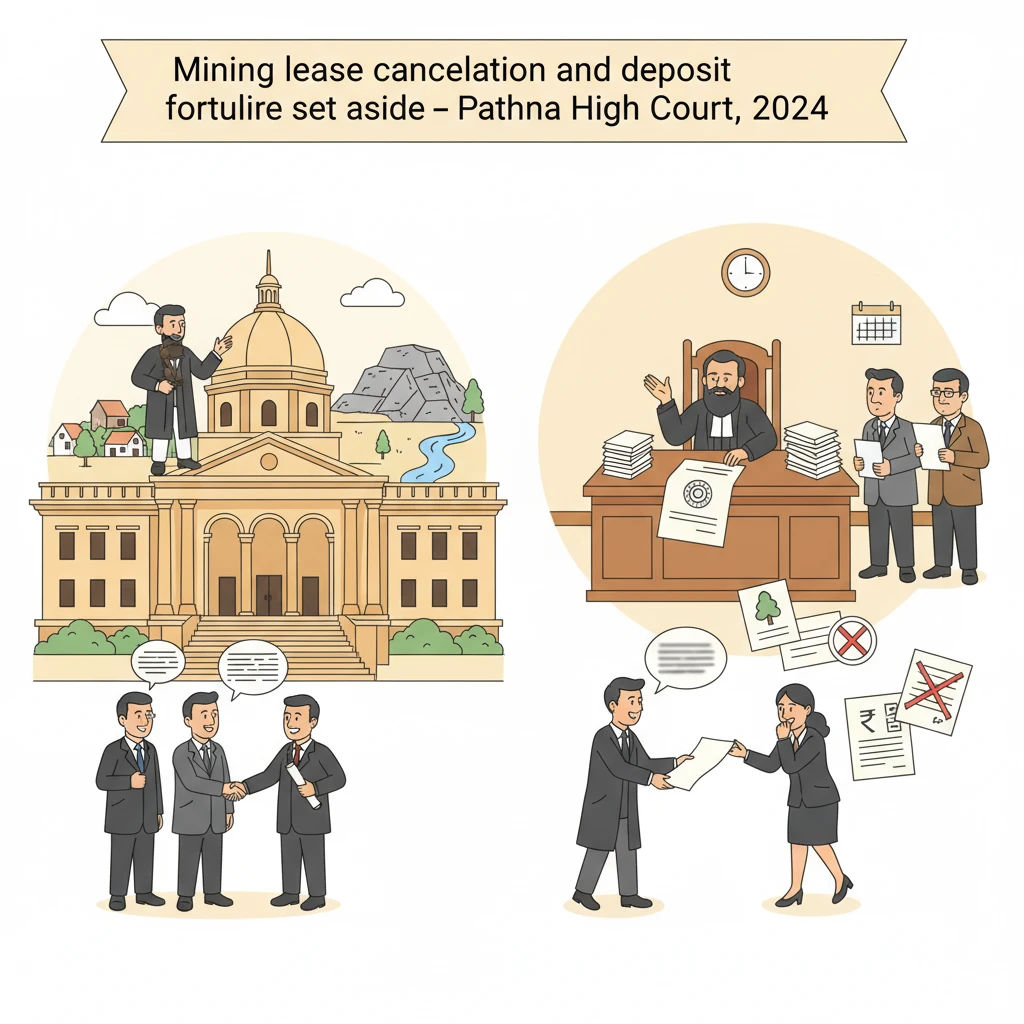Courtroom illustration depicting Patna High Court scrutiny of mining lease cancellation and environmental clearance delay.