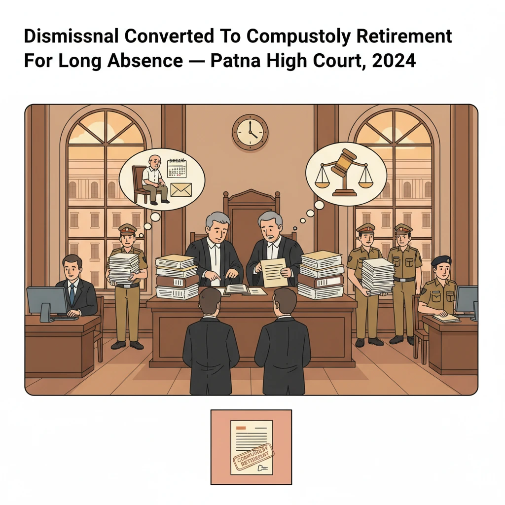 Courtroom illustration showing judges reviewing a police employee dismissal case at Patna High Court.