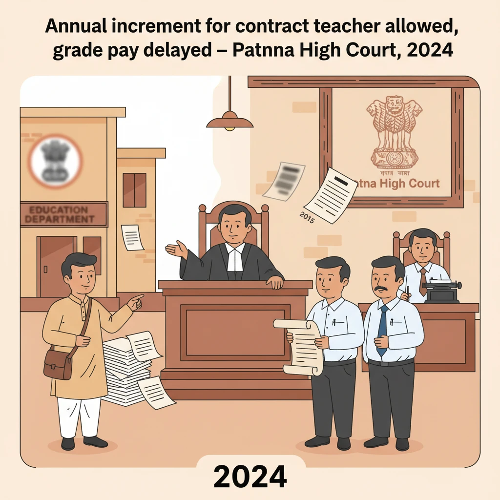 Courtroom scene depicting a teacher challenging pay fixation before the Patna High Court.