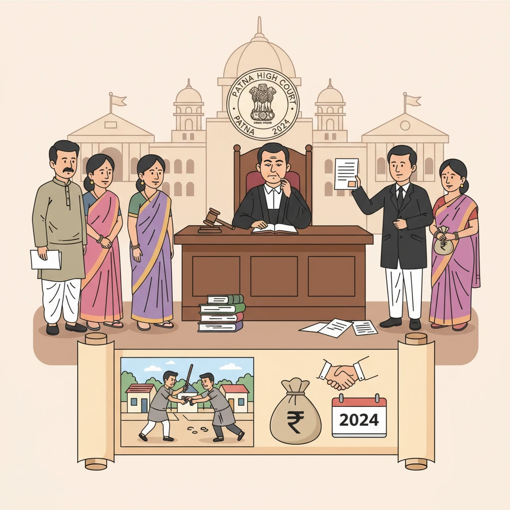 Courtroom illustration showing a judge modifying sentence in an assault case at Patna High Court.
