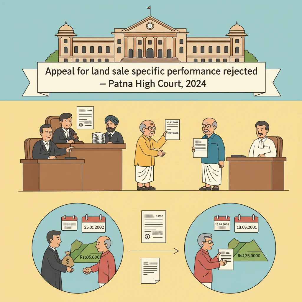 Courtroom scene illustrating a land sale specific performance dispute before the Patna High Court.