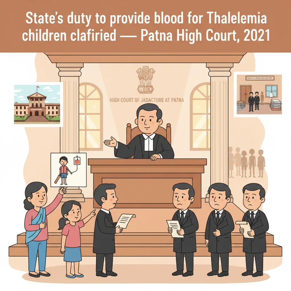Illustration of Patna High Court emphasising State duty to provide blood for Thalassemia patients.
