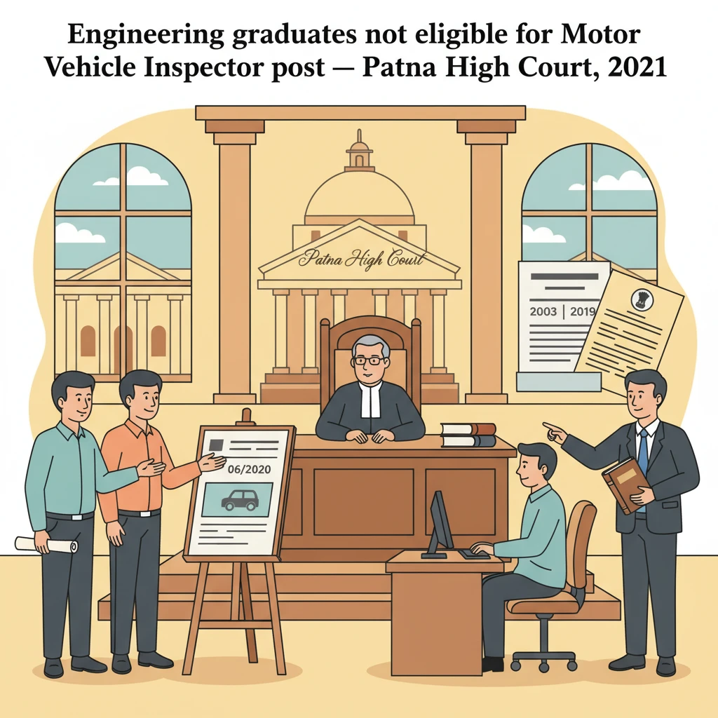 Courtroom illustration showing judges examining rules for Motor Vehicle Inspector recruitment in Bihar.