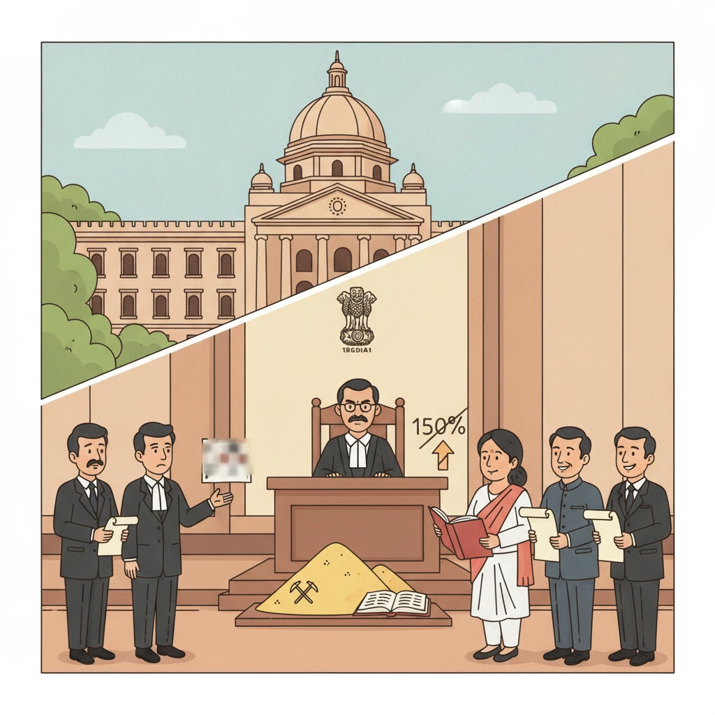 Courtroom illustration showing judges hearing a sand mining royalty dispute in Patna High Court.