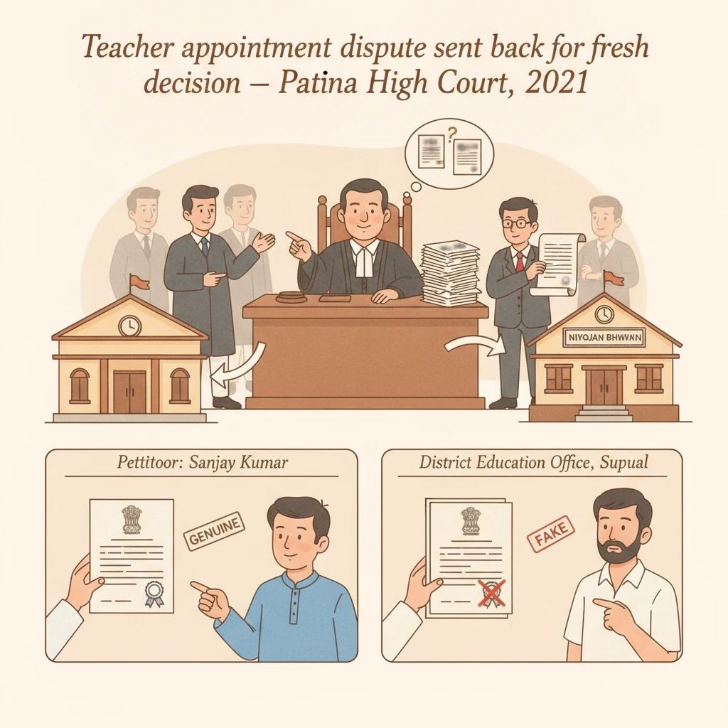Illustration of a teacher appointment dispute being reviewed by the Patna High Court.
