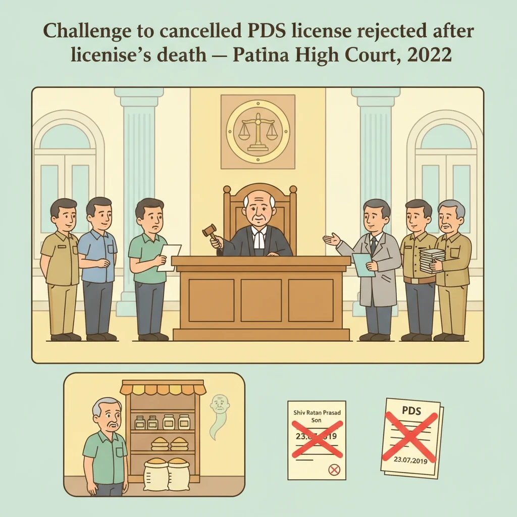 Courtroom illustration representing Patna High Court hearing on a cancelled PDS licence.
