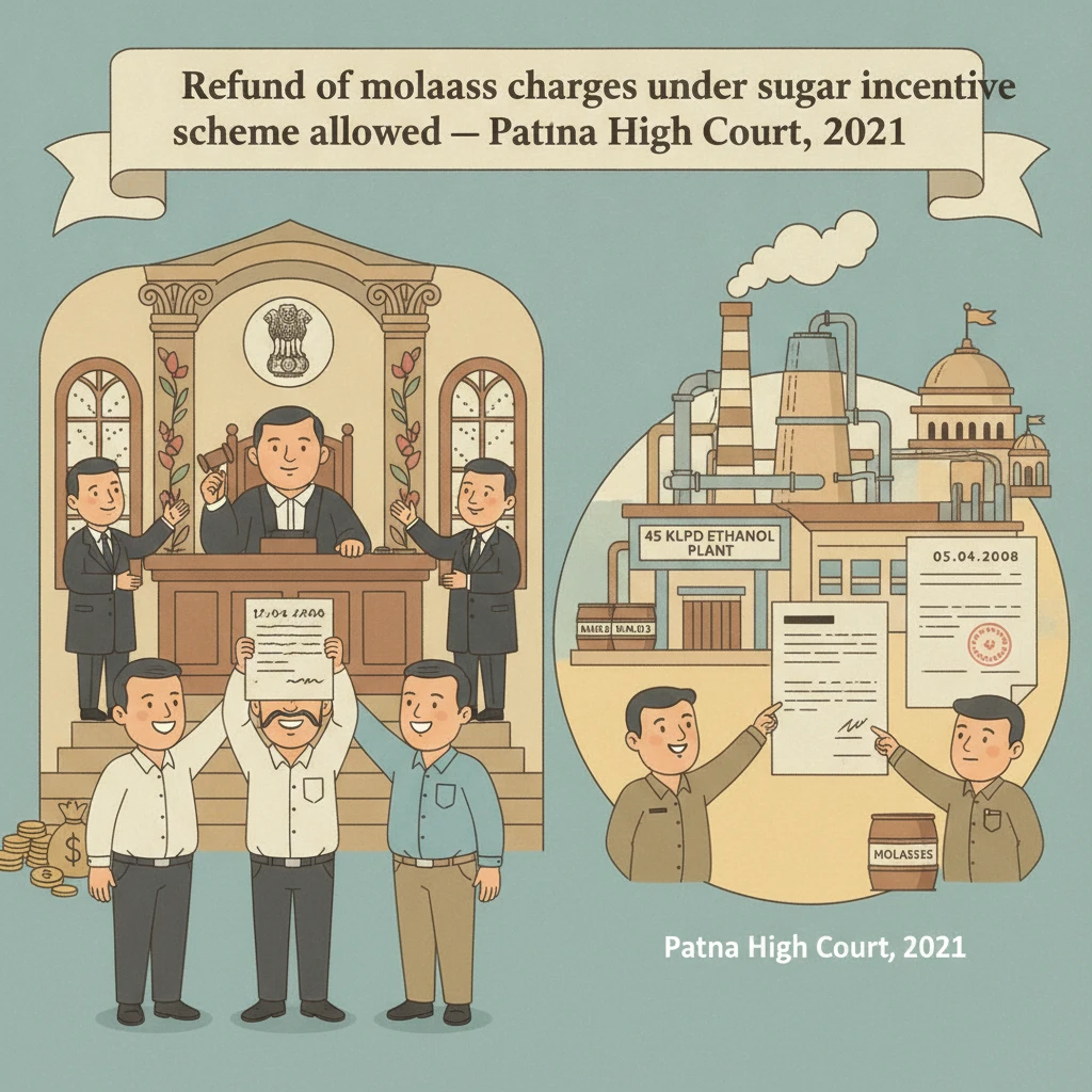 Illustration of the Patna High Court examining a dispute on molasses charge exemption for a sugar distillery unit.